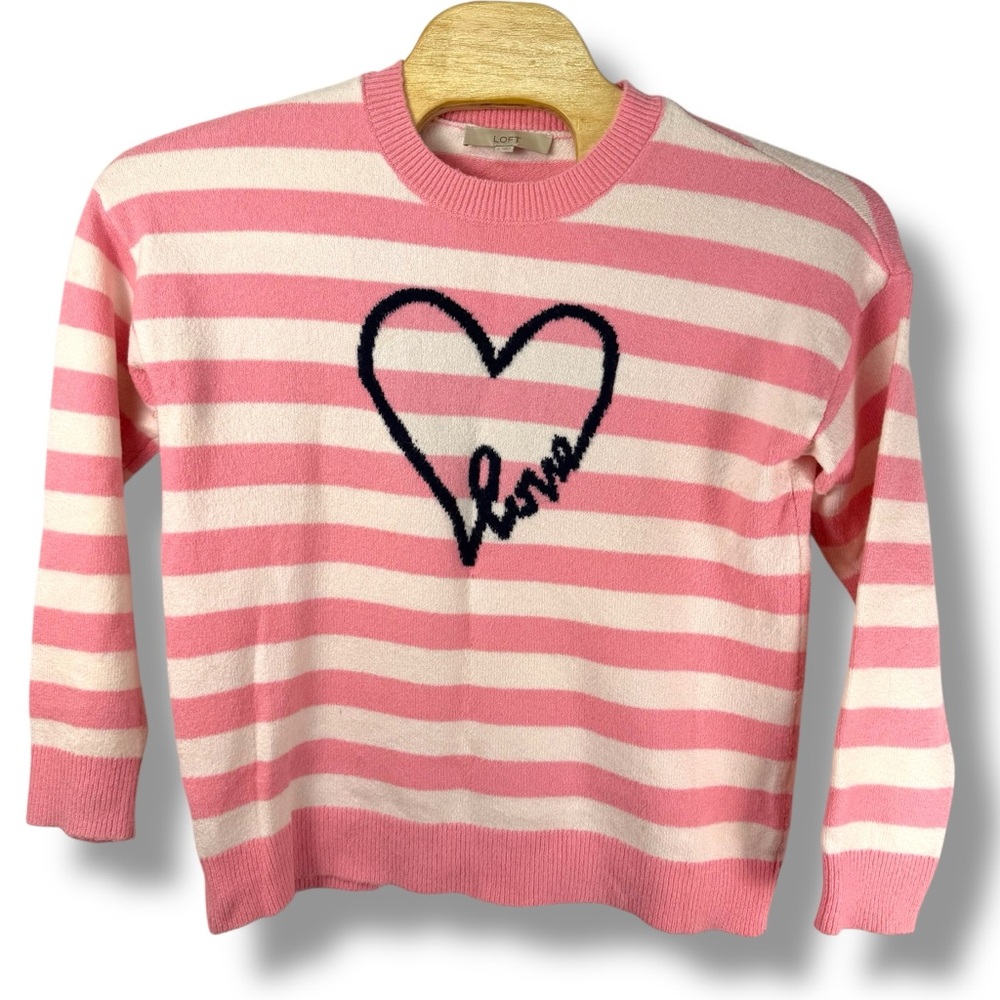 LOFT Pink White Striped Heart Sweater L Cottagecore Capsule Wardrobe Valentine‎